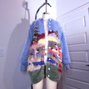 Susie Lee Pastel Pastoral Mohair Cardigan Sweater | Scenic Farm Cow | Size M